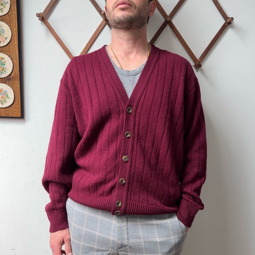 Vintage 90s Ribbed Knit Burgundy Cardigan Sweater Made In USA